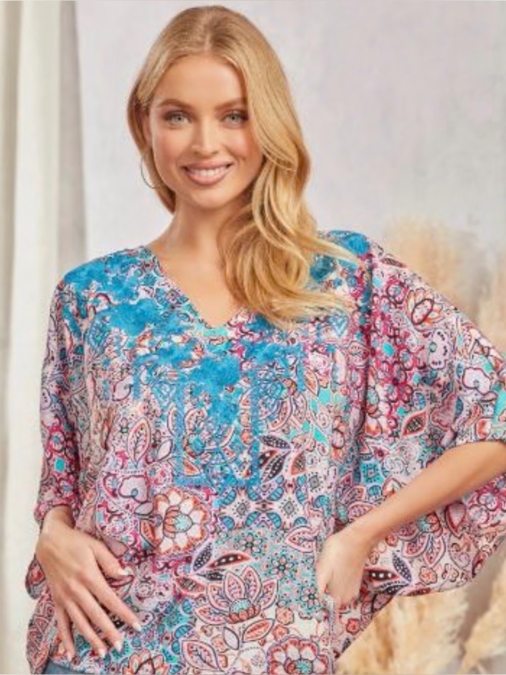 Savanna Jane Printed Embroidered Boho Relaxed Poncho Rayon Blouse Top 1X